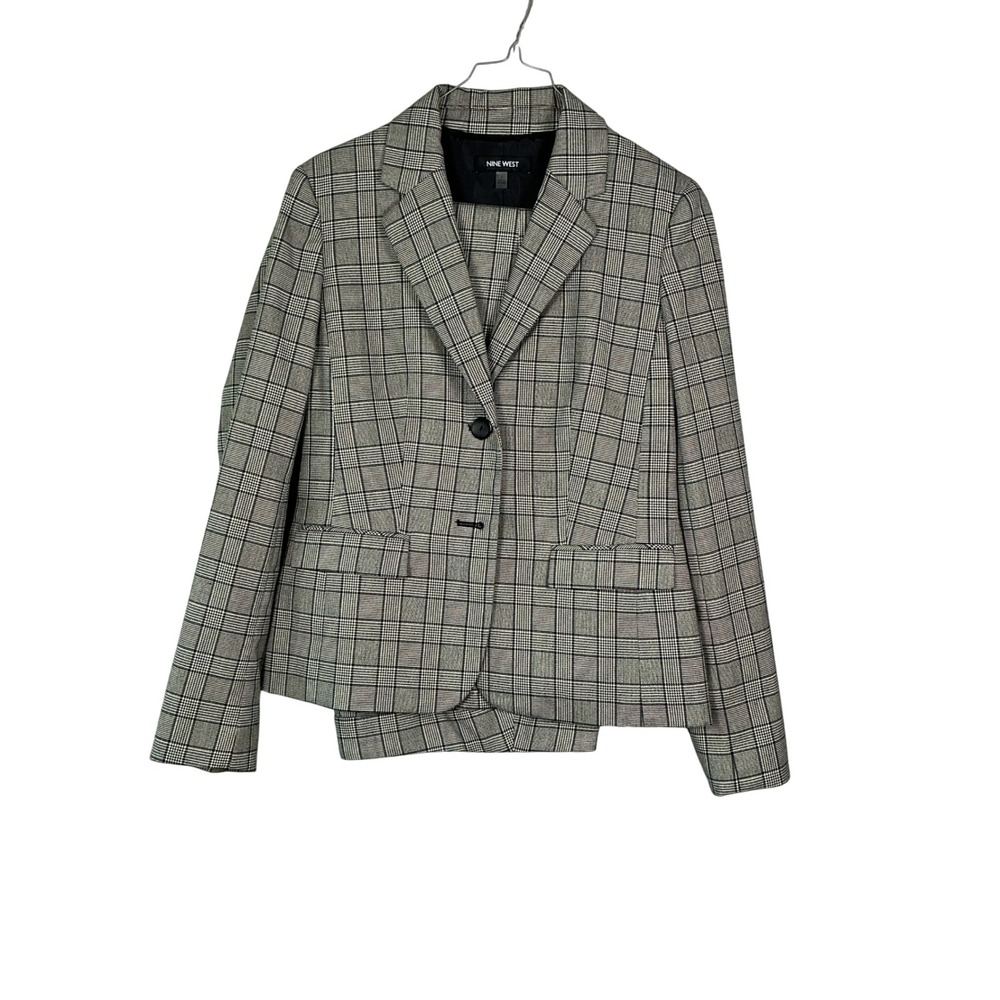 Nine West Womens 2 Piece Pant Suit Grey Glen Plaid Blazer Trousers Size 2